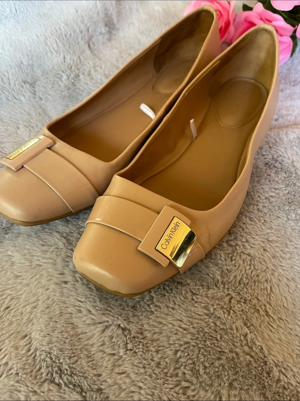 Calvin Klein Beige Patent Leather Ballet Flats with Gold Logo Accent